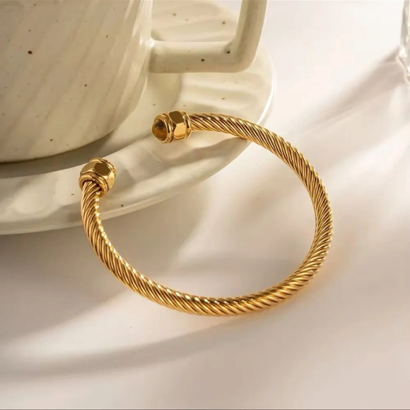 Adelaide Tiger Eye 18K Gold Stainless Steel Cuff Bracelet - Picture 1 of 8